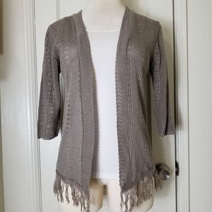 KNIT MINDED toupe gray open front 3/4 sleeve loose knit fringe sweater cardigan